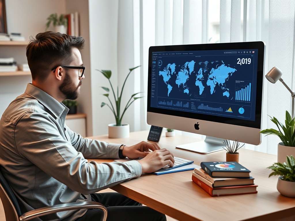 Мужчина работает за столом с компьютером, на экране отображаются графики и карта мира.