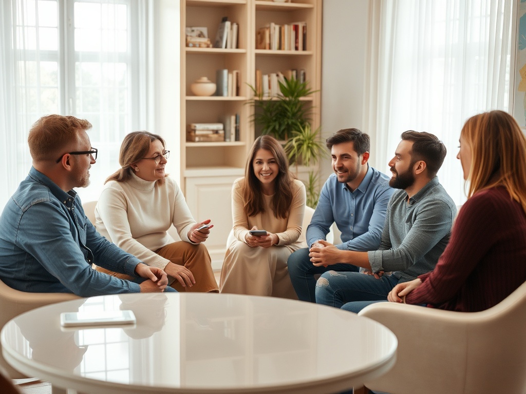 Группа друзей общается и смеётся в уютной комнате с большим окном и книжным шкафом.