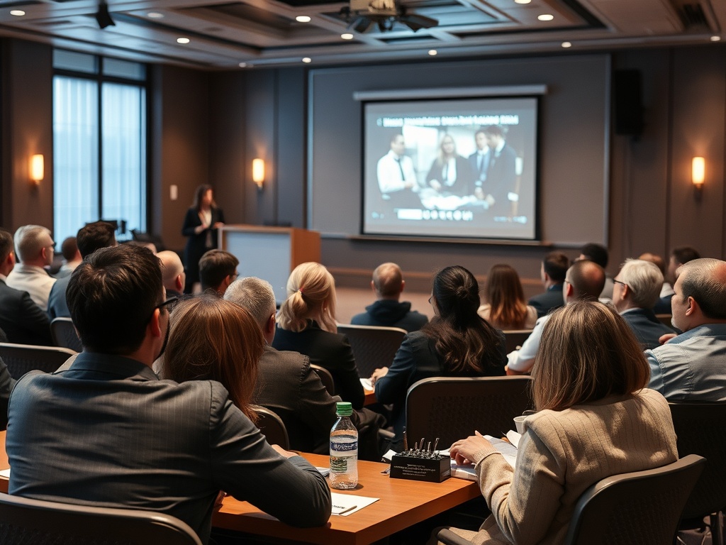 На конференции многие слушатели внимательно смотрят на экран с презентацией. Спикер стоит у выступления.