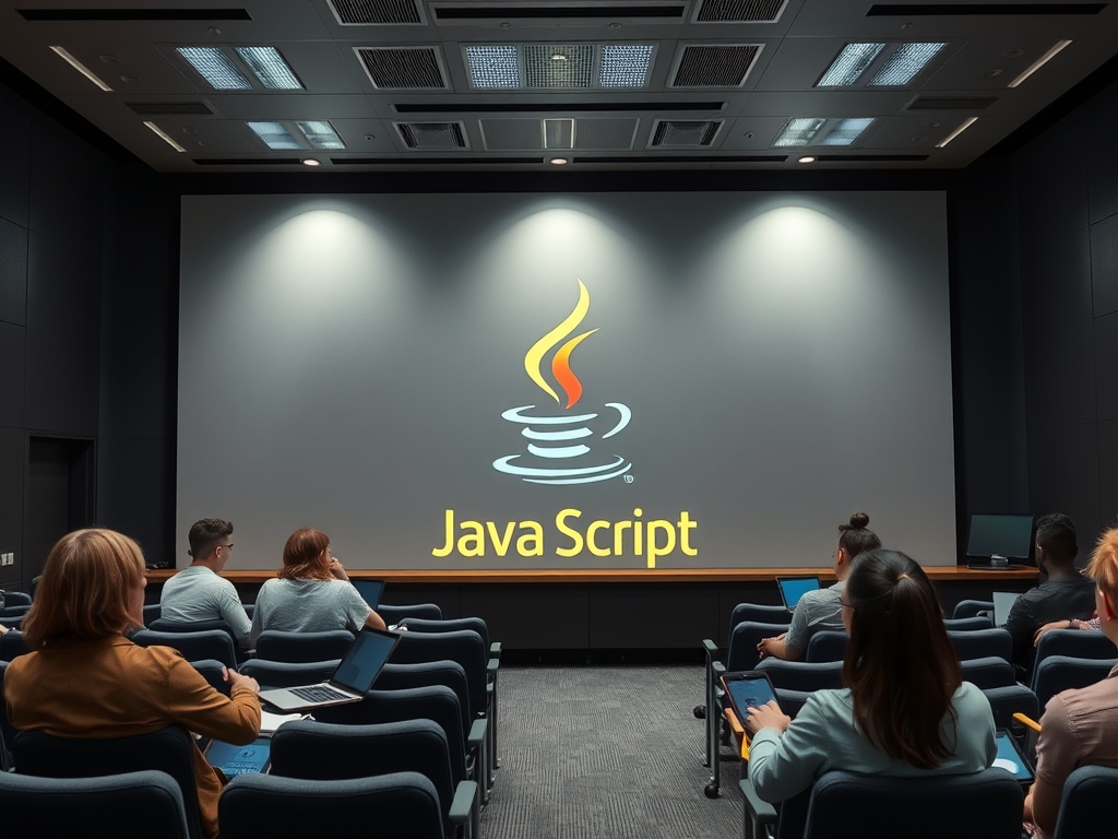 Аудитория с участниками на лекции по JavaScript. На экране логотип и название языка программирования.