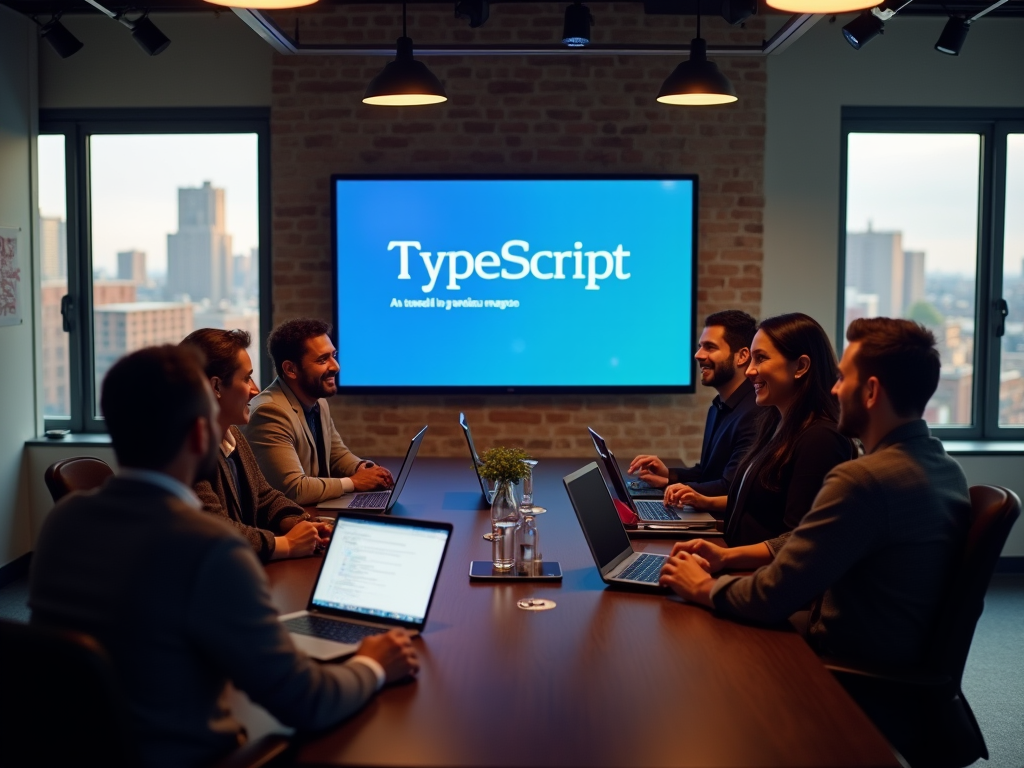 Люди на деловой встрече обсуждают проект с презентацией "TypeScript" на экране.