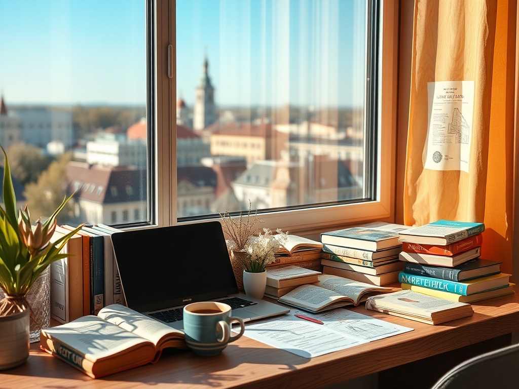 На столе у окна лежат книги, ноутбук и чашка кофе, вид на город с солнечным небом за окном.