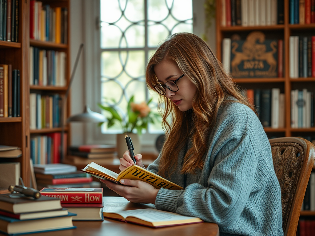 Молодая женщина в свитере читает книгу и делает заметки в библиотеке среди полок с книгами.