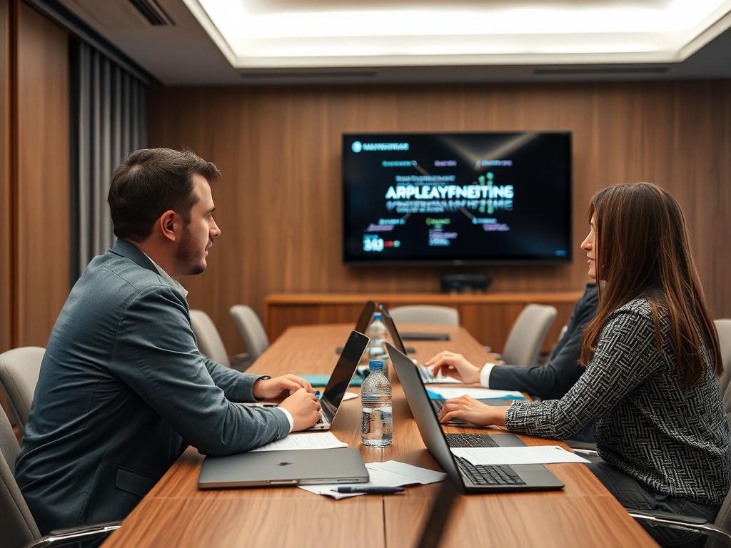 На встрече двое людей обсуждают проект, ноутбуки открыты, на экране презентация.